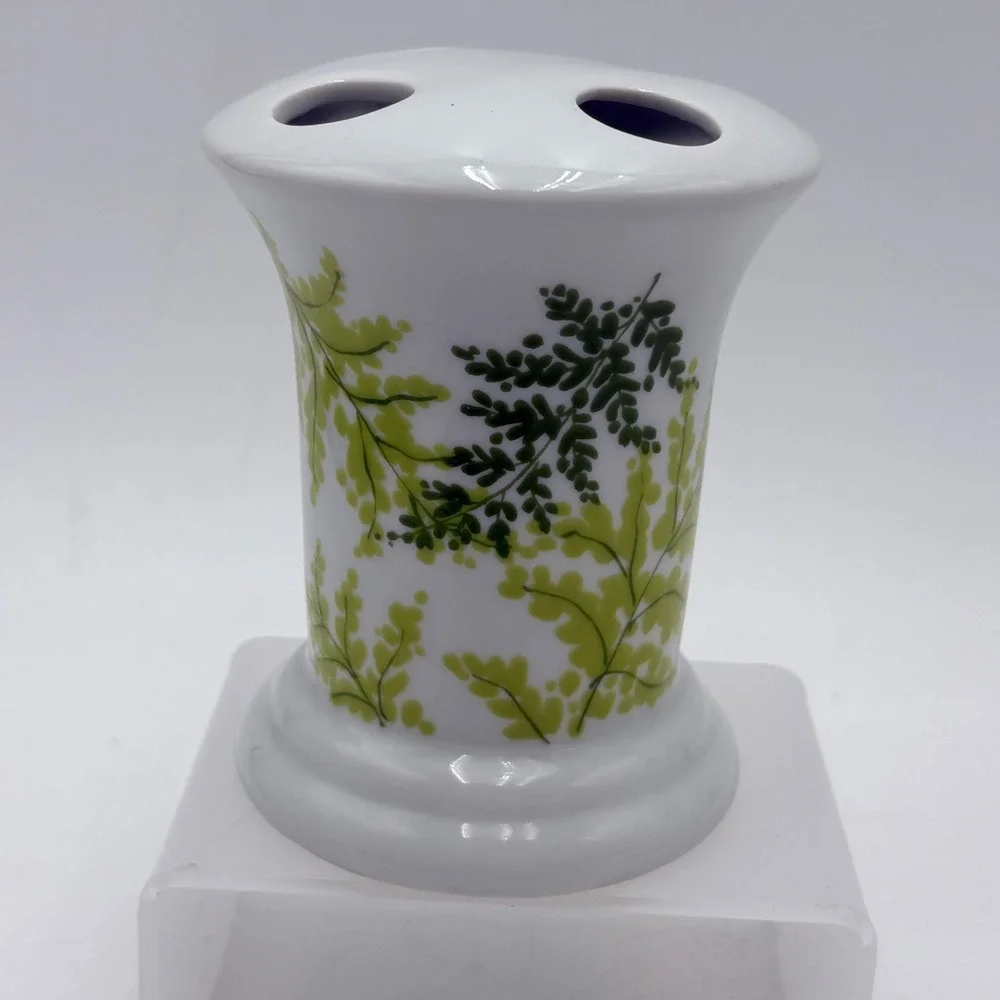 Vintage White Ceramic Toothbrush Holder Green‎ Fern Botanical Leaf 4 Slot Vanity